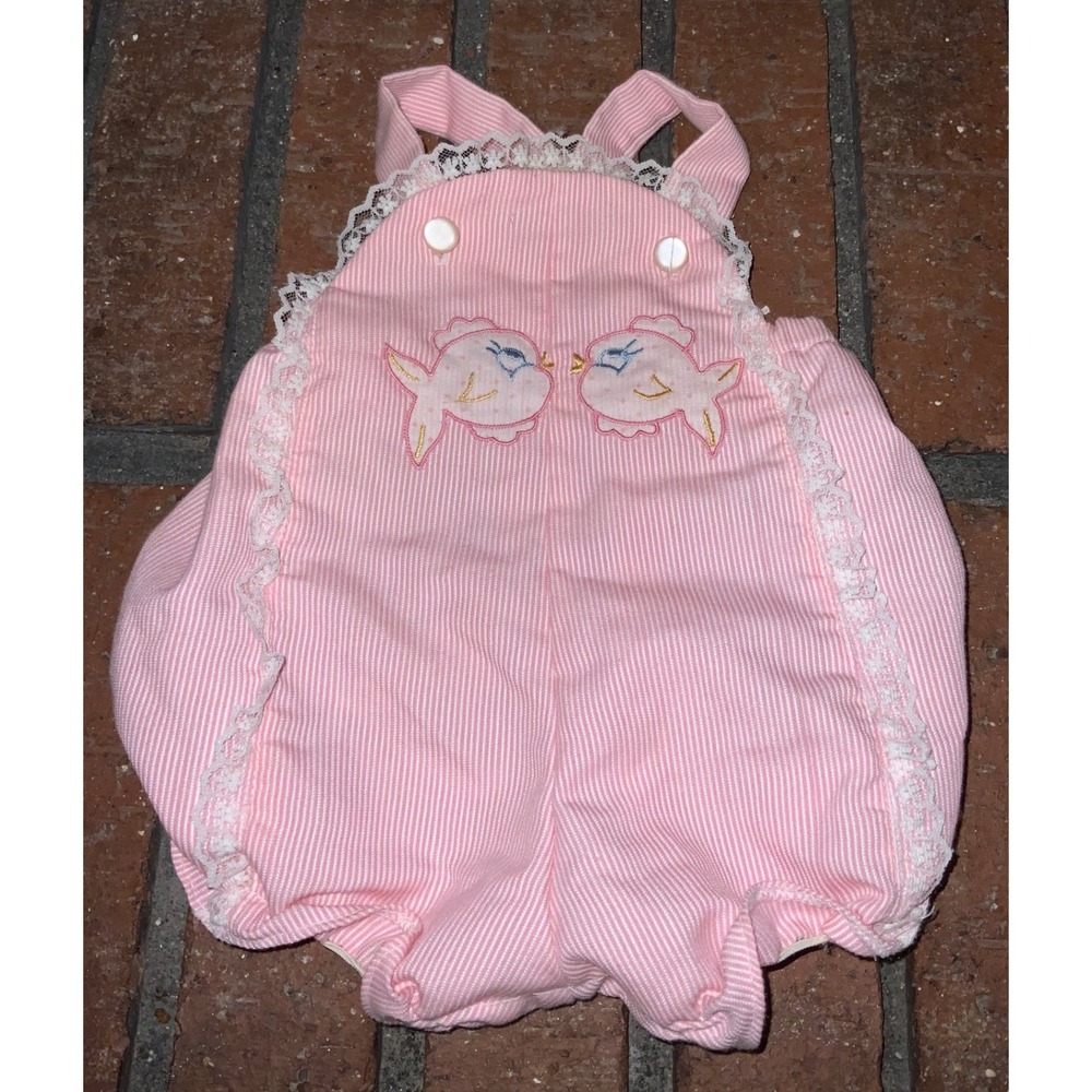 Vintage Tiny Tots Original Pink Striped‎ Overall Romper Fish Print